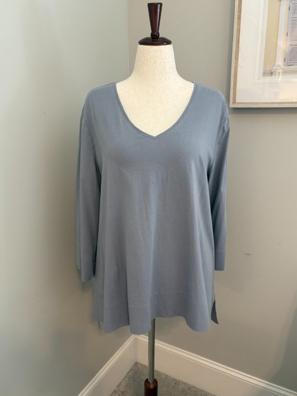Habitat XL Gray Cotton Tunic Top V Neck Long Sleeve Swing Hi Low Hem Lagenlook